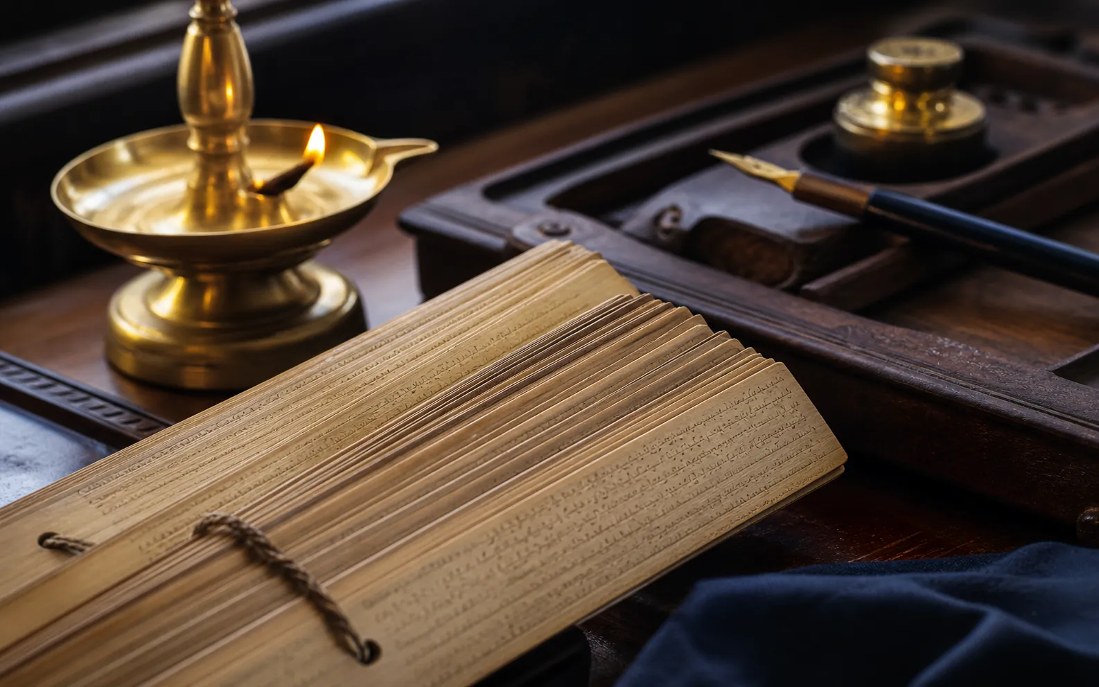 Palm-leaf manuscripts and brass lamp on a study desk